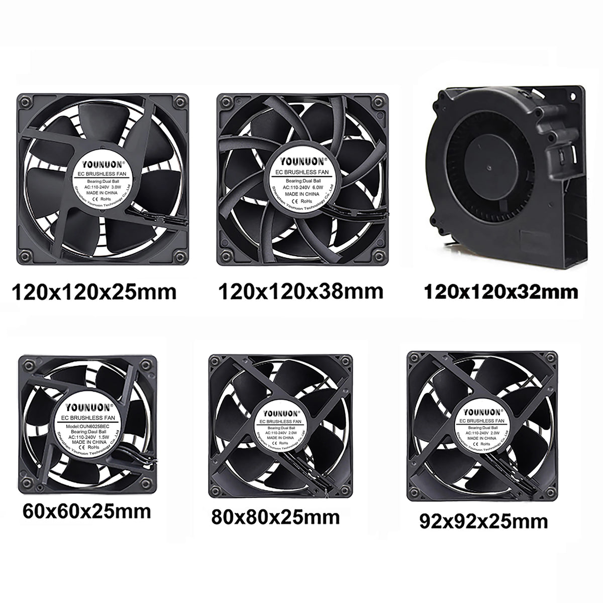 YOUNUON 60mm 80mm 90mm 120mm EC Brushless Fan AC 110V 115V 120V 220V 240V Axial Fan with Srews/Grill 6025 8025 9225 12025 12038