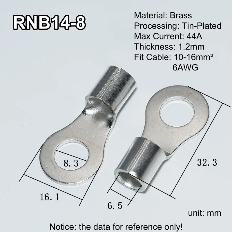 100pcs RNB Brass Ring Bare Terminal Block Connector Cable Lugs Wire Crimping Tips Electrical Connection Strips 12V 2.5mm 4mm 6mm