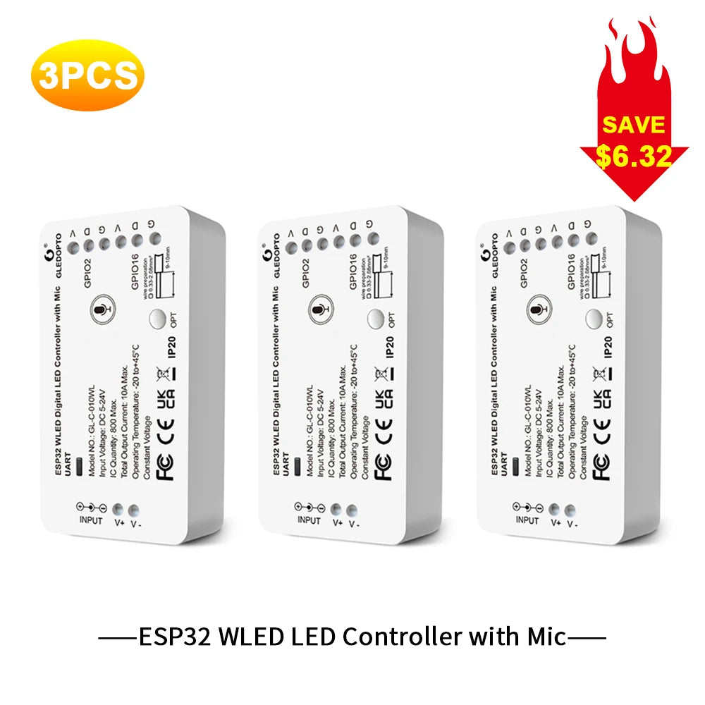 GLEDOPTO ESP32 WLED LED Controller With Mic DIY Music Dynamic Modes For WS2811 WS2812 SK6812 TM1814 WS2813 WS2815 Strip Lights