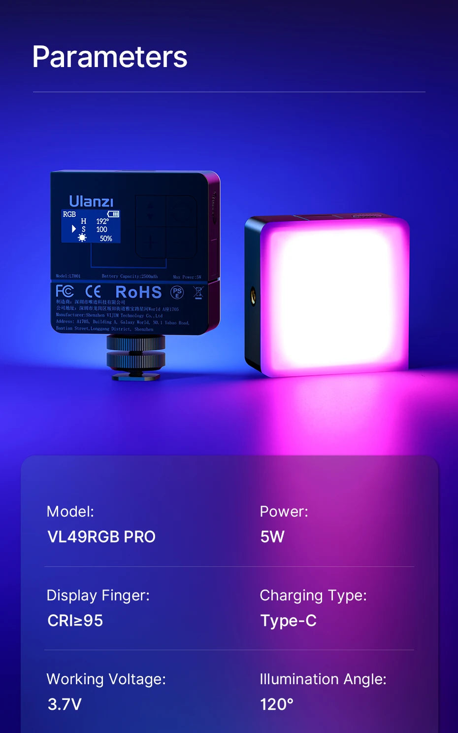 Ulanzi VL49 RGB PRO Full Color LED Video Light 2500K-9000K Camera Light for Photopraphy with Honeycomb Diffuser