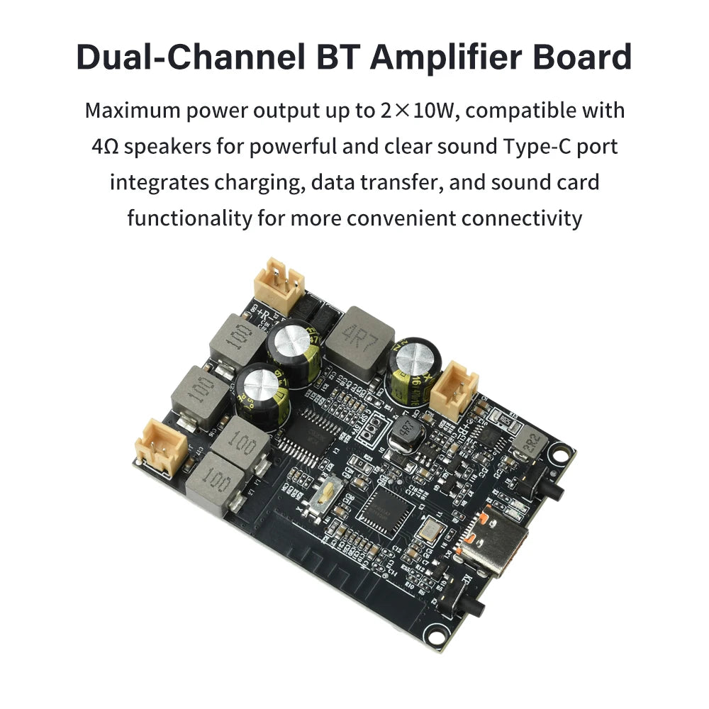 TWS Bluetooth Amplifier Module 2*10W Dual Channel Bass Enhancement Algorithm Amplifier Board Type C for DIY Audio Projects