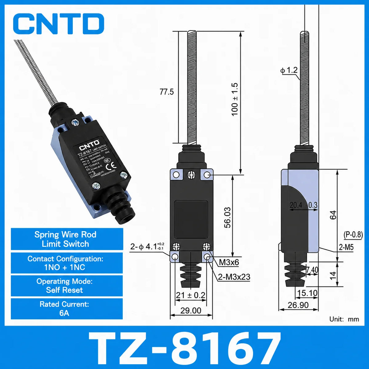 2Pcs CNTD TZ‑8 Series Micro Limit Travel Switch IP65 Waterproof 1NO+1NC 10A 250VAC Industrial Mechanical Position Switch