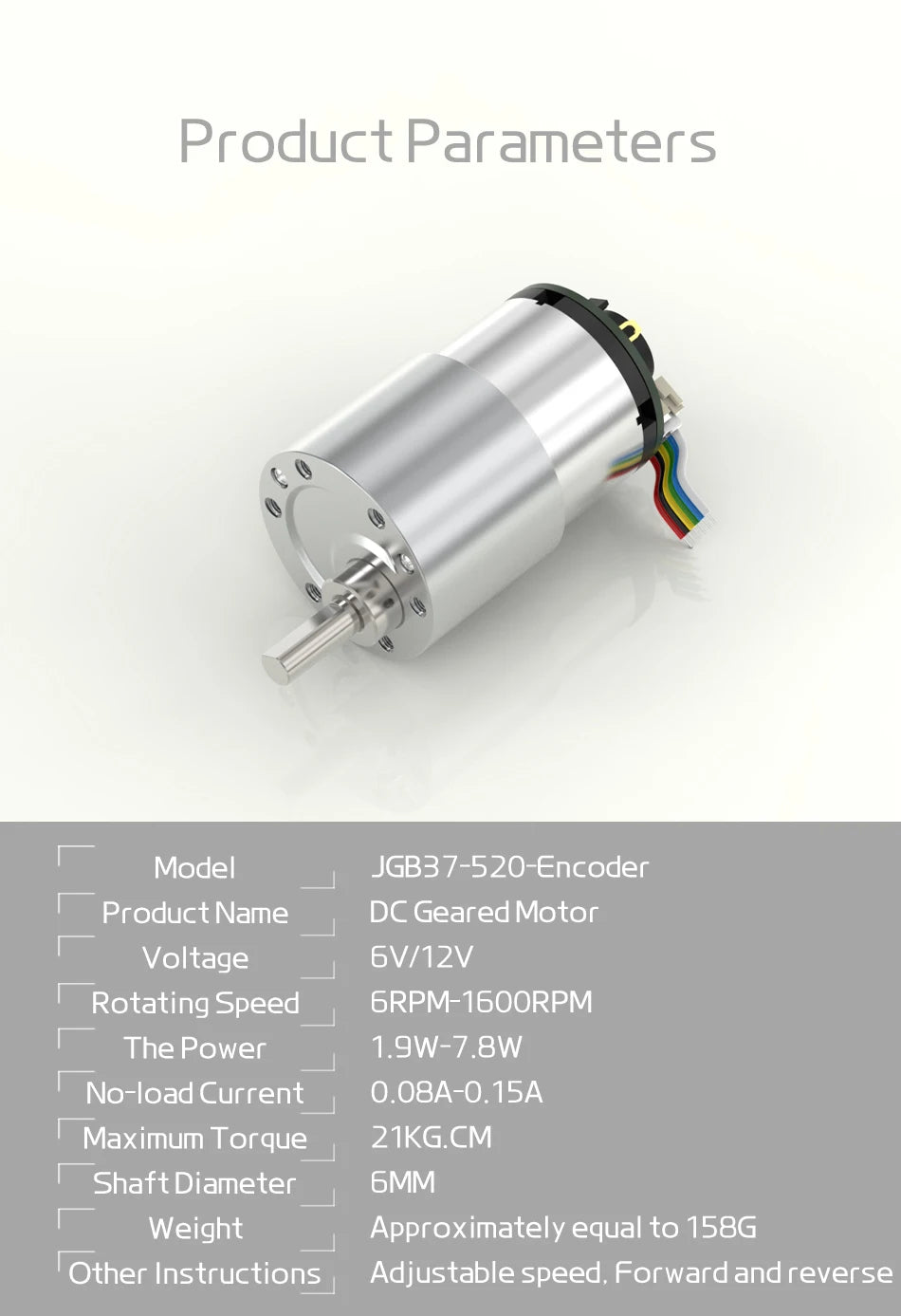 JGB37-520 Hall Encoder Miniature DC Geared Motor 6V12V Forward And Reverse 6RPM~1590RPM With Speed Measurement