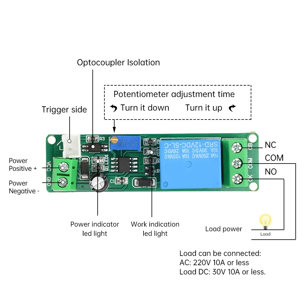 DC 5-12V relay switch module Timing Relay Switch Adjustable external button triggers connection delay Timer 1~10sec Delay Off