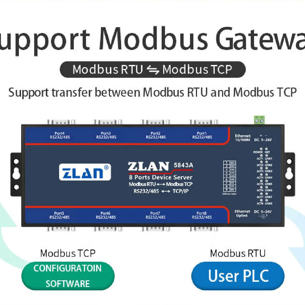 ZLAN5843A 8 port RS232 RS485 to Ethernet TCP/IP Modbus industrial multiple Ethernet serial server