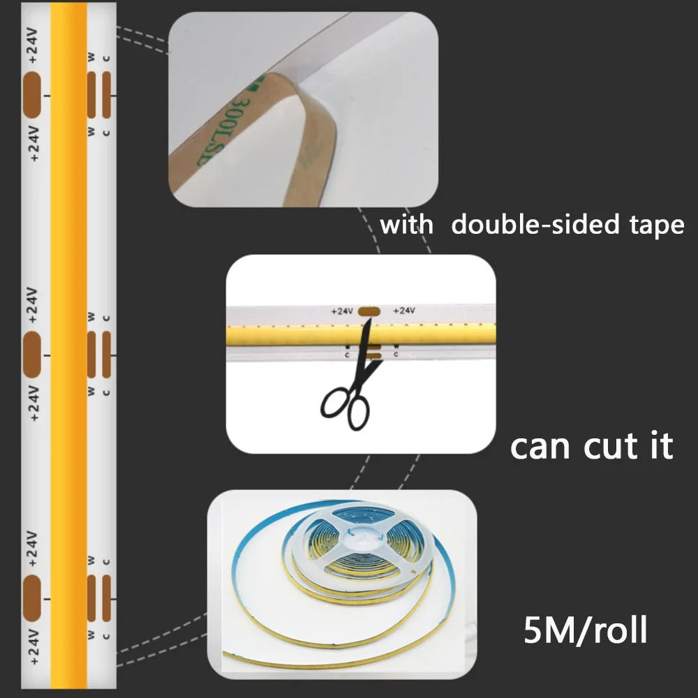 1M-5M Zigbee 3.0 CCT COB LED Strip DC 24V Double Color LED Tape Linear 2700K-6500KRA90 Tuya Zigbee Dimmable for Smartthing Alexa