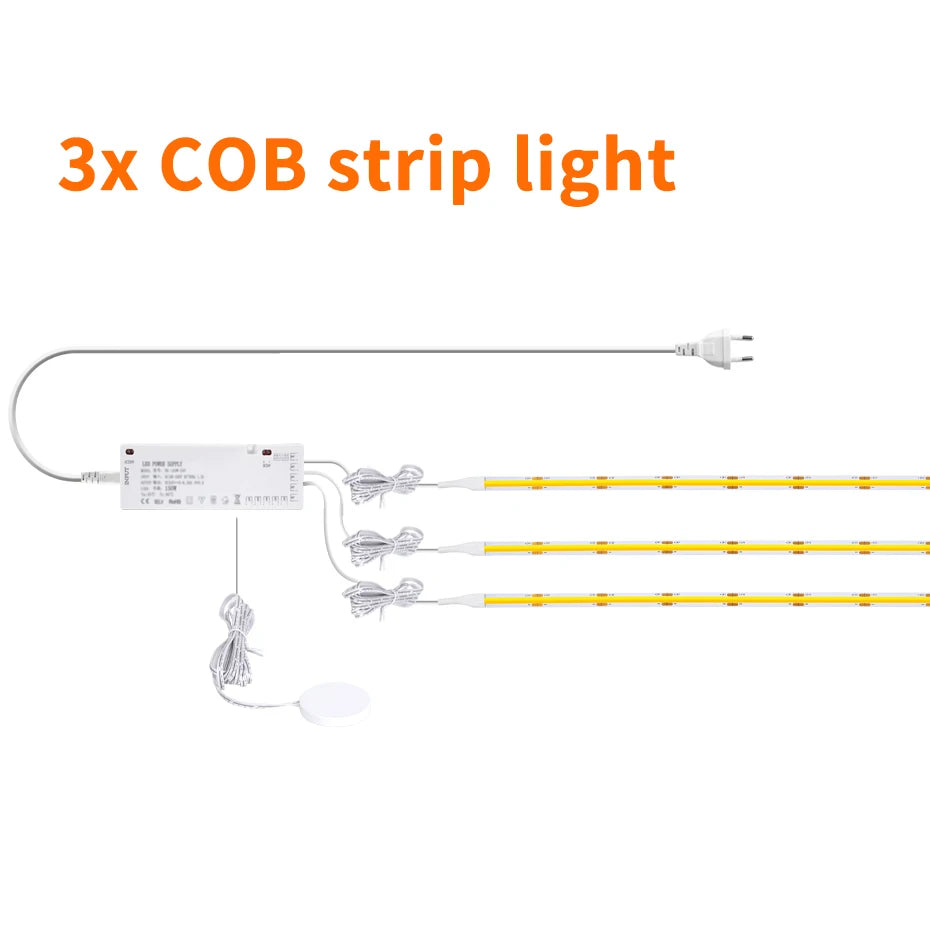 24V COB LED Strip with EU/US/AU/UK Plug Touch Dimmer Switch Adhesive Backing for Cabinets Shelf Closet Kitchen Lighting 1-6pcs
