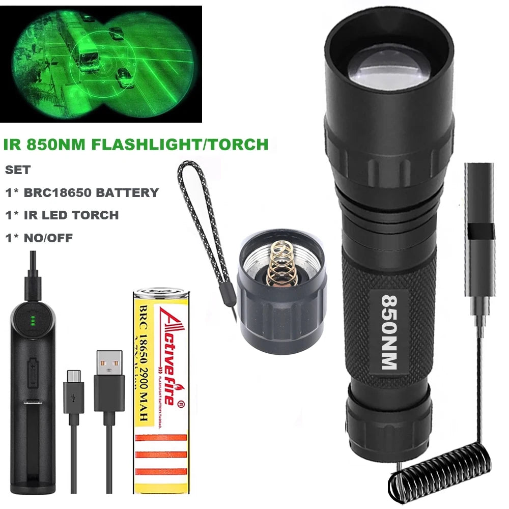 Zoomable LED Infrared Tactical Flashlight Night Vision Rechargeable Waterproof Hunting Torch 850nm/940nm IR Flashlight