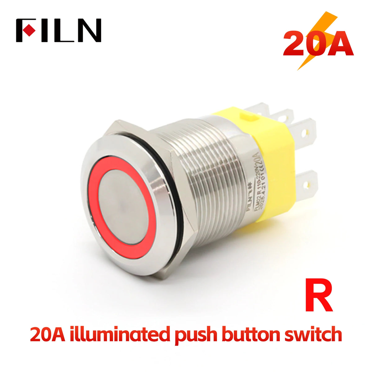 FILN 22mm 20A Metal Push Button Switch with Wire Harness Connector IP67 Waterproof LED Ring Light High Current Switch 12V 220V