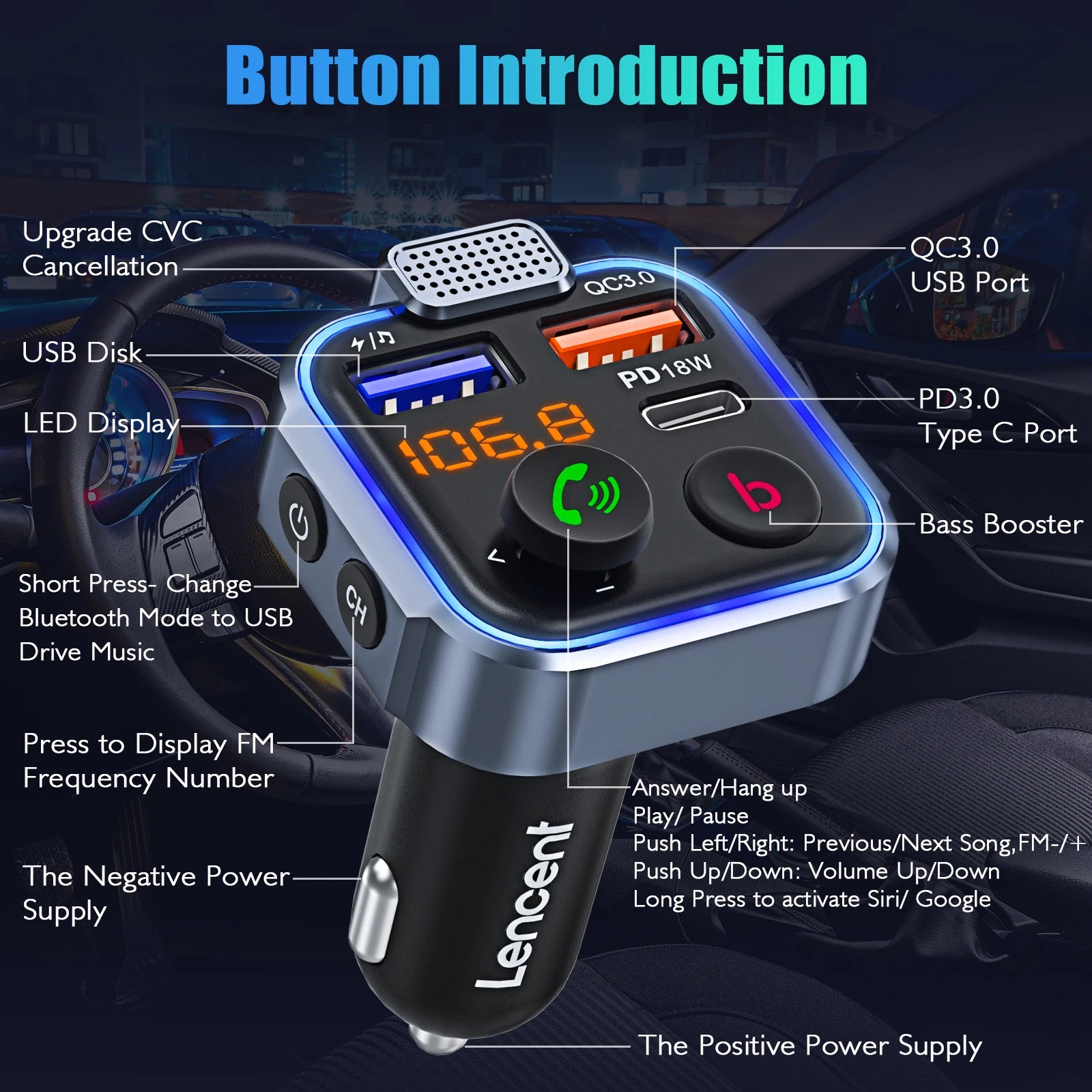 LENCENT FM Transmitter Wireless Bluetooth 5.0 Handsfree Car Kit with Type-C PD 20W+ QC3.0 Fast USB Mp3 Player