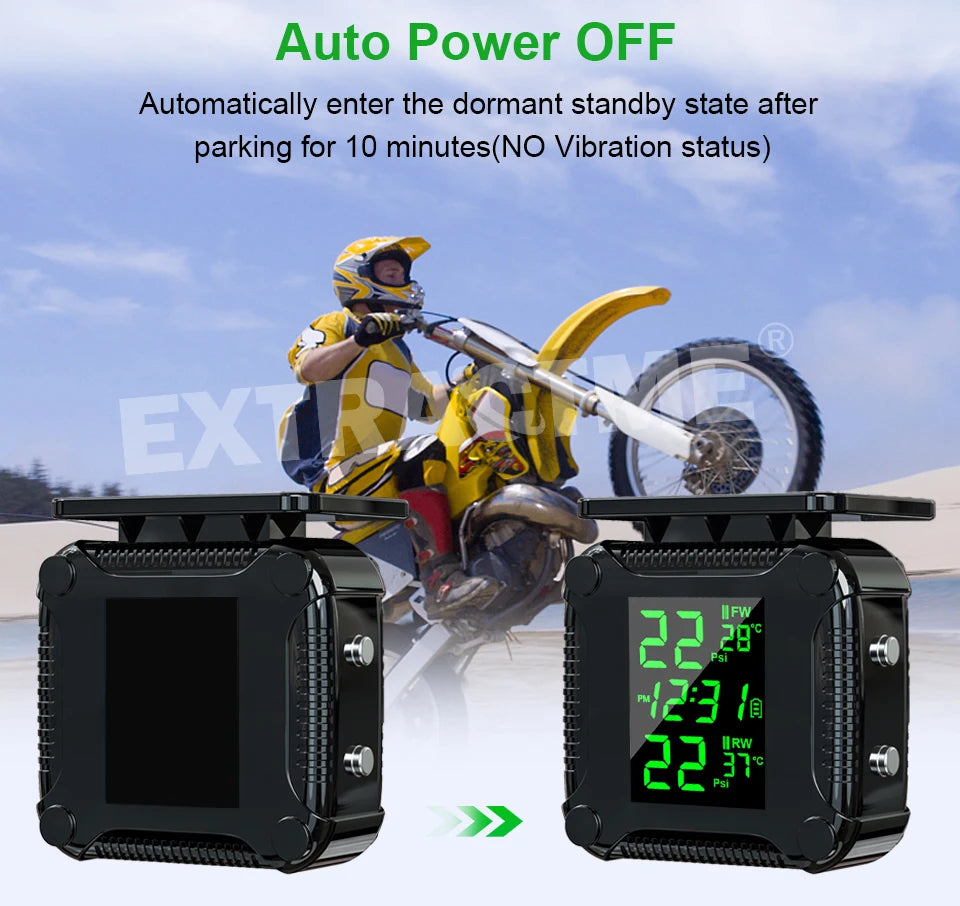 Extractme Tire Pressure Monitoring System Colorful Display Wireless TPMS Motorcycle Solar Charge Tyre Temperature Alarm Sensor