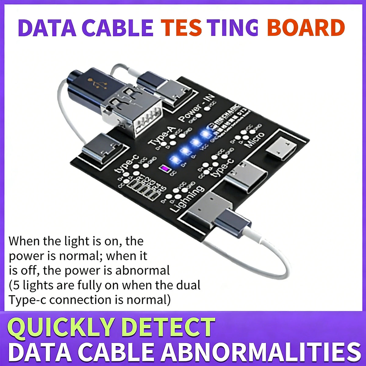 DT3 Data Cable Detection Board Type-C USB Tester for Micro USB Lightning Cable Short Circuit On/Off Diagnose Tool LED Indicator