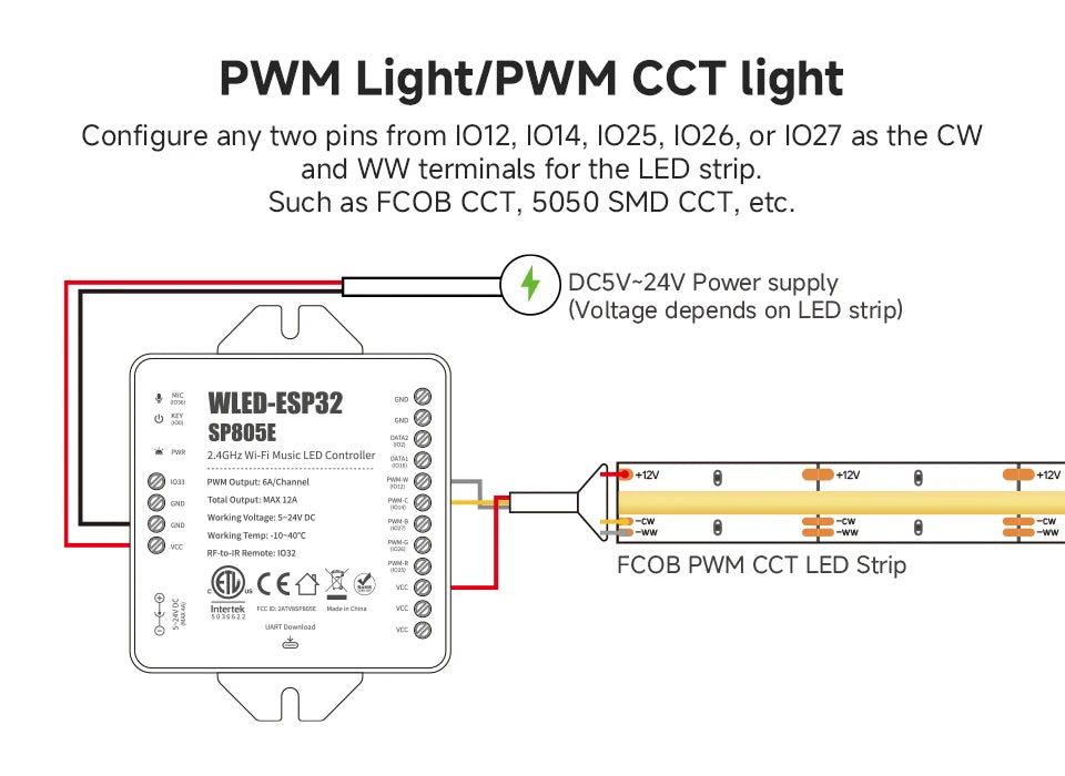 SP805E ESP32 WLED Controller WiFi Music LED Controller for Addressable WS2811 WS2812 WS2814 WS2815 SK6812 PWM CCT RGB Cob Strips