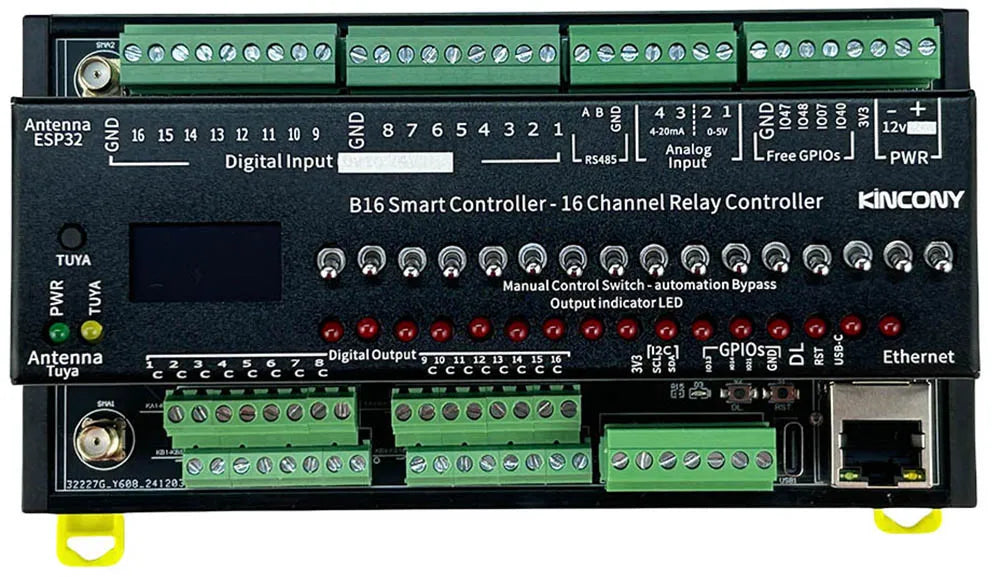 Kincony B16 ESP32-S3 Smart Controller 16CH Relay Output 7CH 1-Wire GPIOs 4CH ADS1115 Analog Input ESPHome Tasmota Tuya SD Card