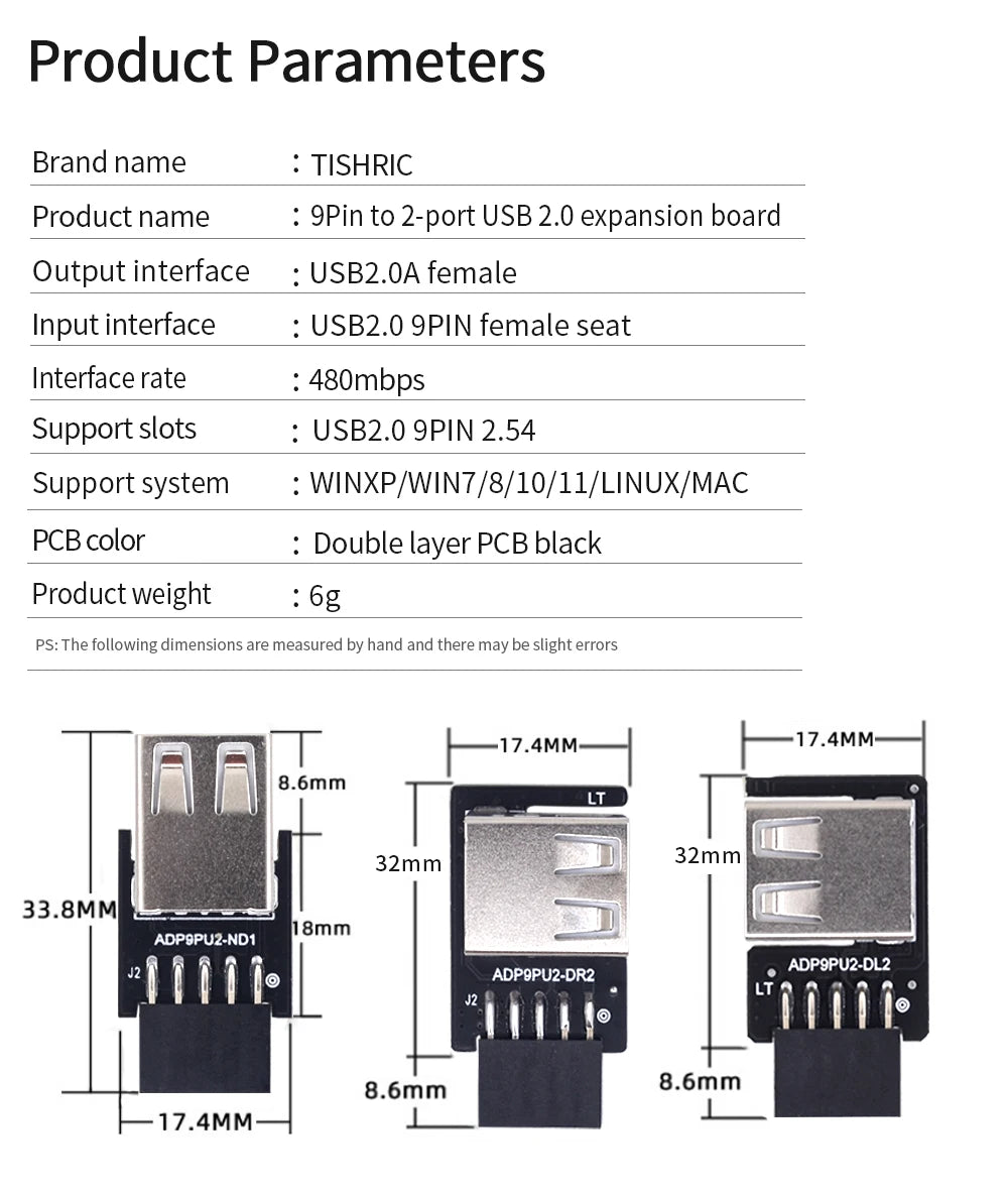 TISHRIC 9Pin To 2 Ports USB 2.0 Expansion Card USB 2.0 Motherboard Header 9pin to 2 Ports USB 2.0 Dual USB A 9 Pin Female Adapt