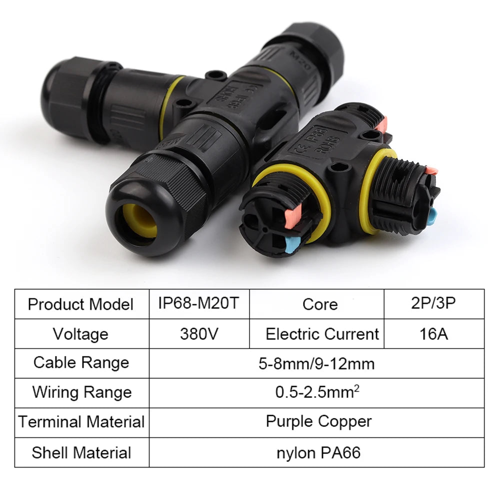 IP68 M20T Quick Outdoor Waterproof T Shape Connector 2/3 Pin Screw Electric Wire Terminal Adapter Home For LED Lighting 16A/380V