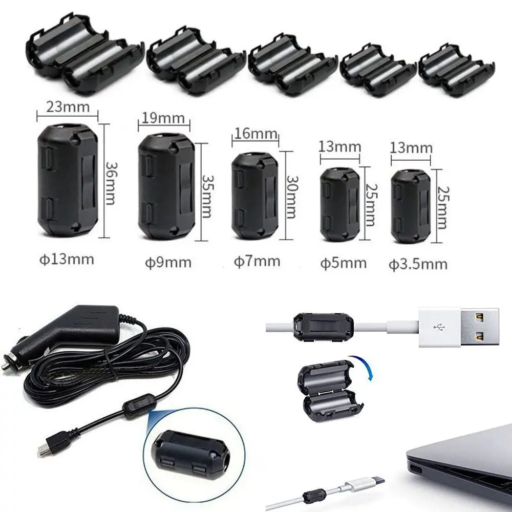 Ring Core Ferrite Bead Clamp Choke Coil EMI RFI Noise Filter Clip Snap for 3.5/5/7/9/13mm Black Cable Connector Filters Holder