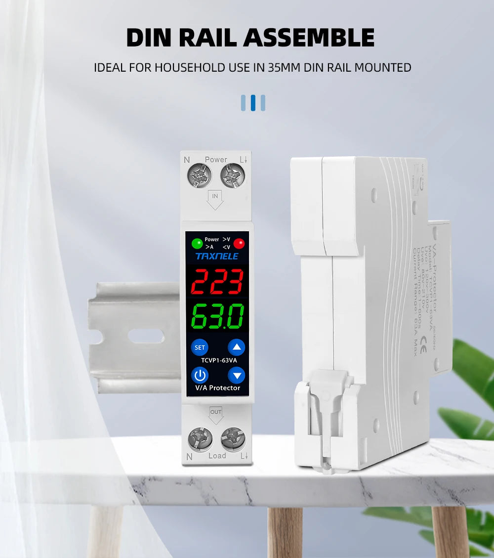 18MM 1P+N 63A 230V Dual Display Adjustable Digital Over Under Voltage Relay Surge Protector Limit Over Current Protection