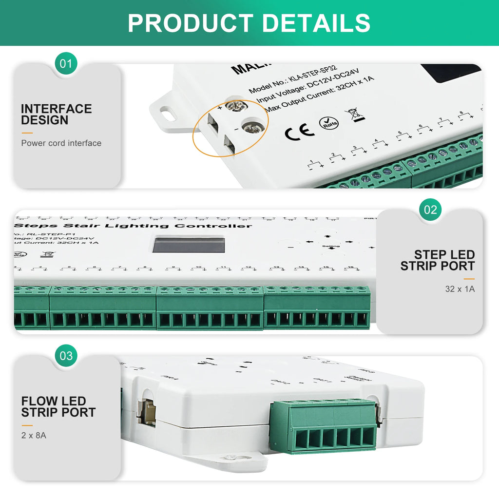 Motion Sensor Stair LED Controller 12V 24V Stair Step LED Strip Light Side Pixel Strip Light 1-32 Steps Indoor Stairway Lighting