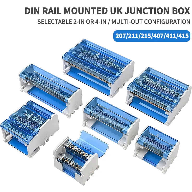UK207 UK211 UK215 UK407 UK411 UK415 DIN Rail Terminal Block 125A Electrical Junction Box 1 In 2/4/6 Out Distribution Box