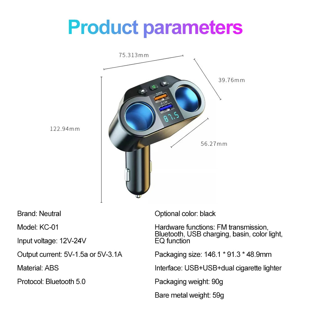 KEBIDUMEI Bluetooth 5.0 Car Adapter Cigarette Lighter USB PD QC3.0 Super Fast Charging Digital Display Charger Car Accessories