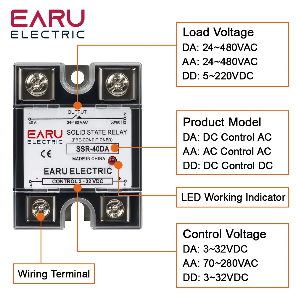 EARU Single Phase Solid State Relay Module SSR-25DA SSR-40DA SSR-40AA SSR-40DD SSR 10A/25A/40A/60A/80A/100A/120A/150A DD DA AA