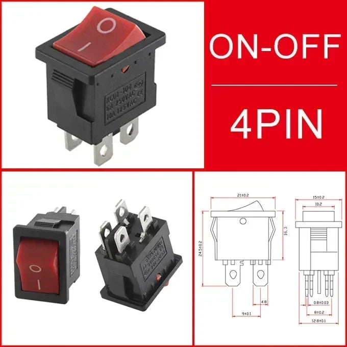 10/30/100 Pcs KCD1 Snap - in Boat Rocker Switch - SPST ON - OFF, 2/3/4 Pin, 250V 6A (AC) / 125V 10A, 2P Toggle Power Snap Switch