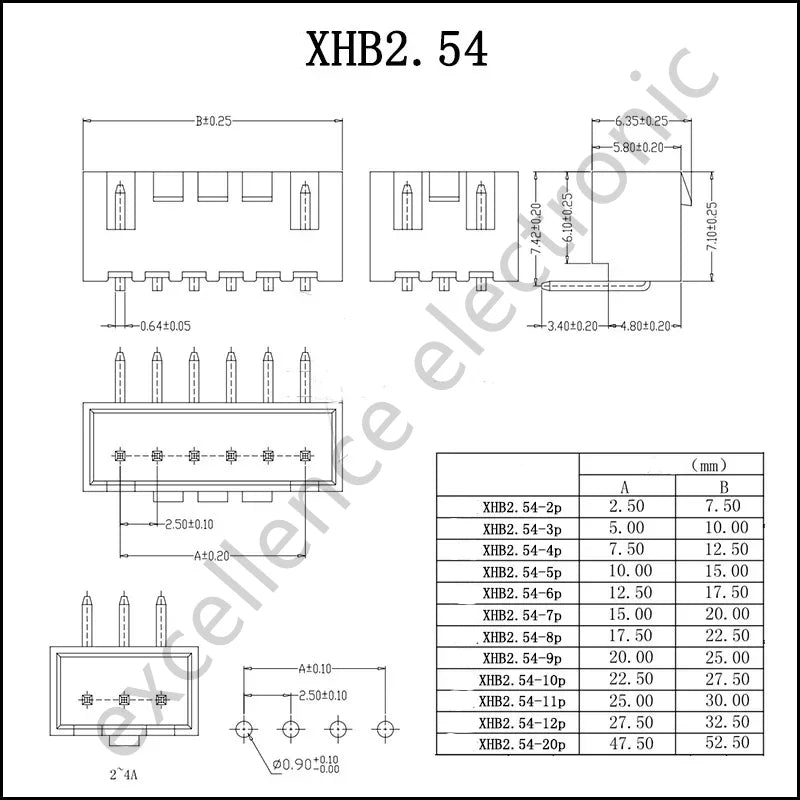 10Sets XHB 2.54MM Connector with Buckle Hole Though Type 2/3/4/5/6/7/8/9/10 Pin Straight /Curved Pin+Housing+Crimp Terminal Kits