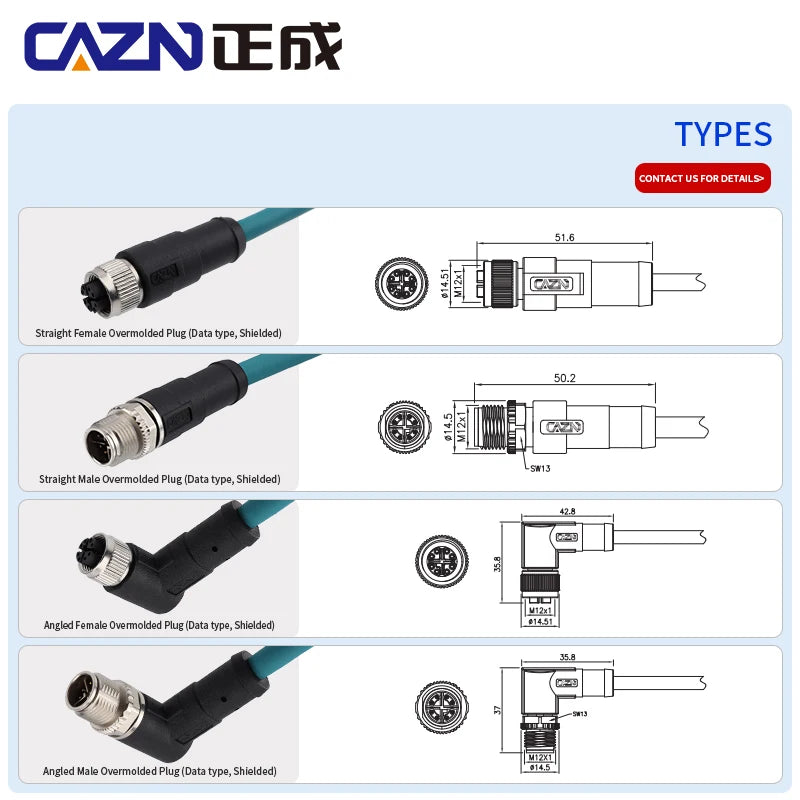 Factory M12 8 Pins X Code Molded Plug Male Female Straight  Angled to Open Ethernet Cable CAT5E 6A PVC PUR Data Type Connectors