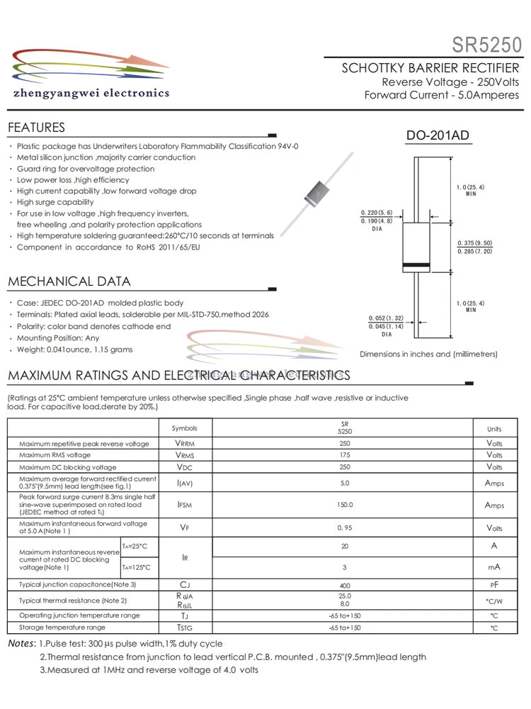 10pcs SB5250 SB5150 SB5100 SR5250 SR5150 SR5100 MBR5250 Inline Schottky Diode DO-201AD 5A 100V 5A150V 5A200V 5A250V