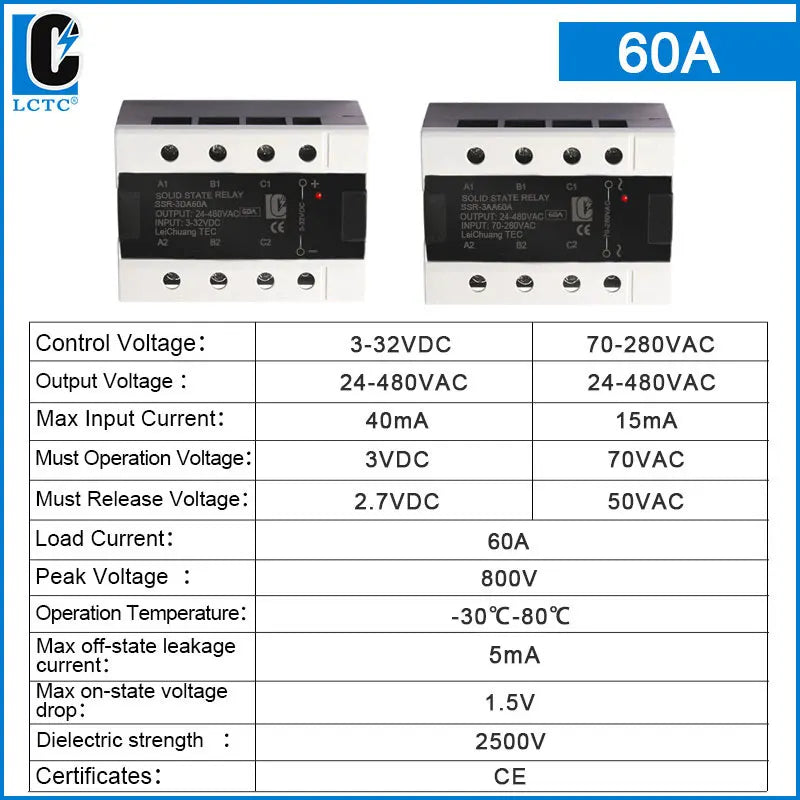 LCTC 3-Phase  SSR10A 25A 40A 60A 80A 100A 120A DC to AC AC to AC DC to DC Solid State Relay Zero-crossing Relay 3-32VDC