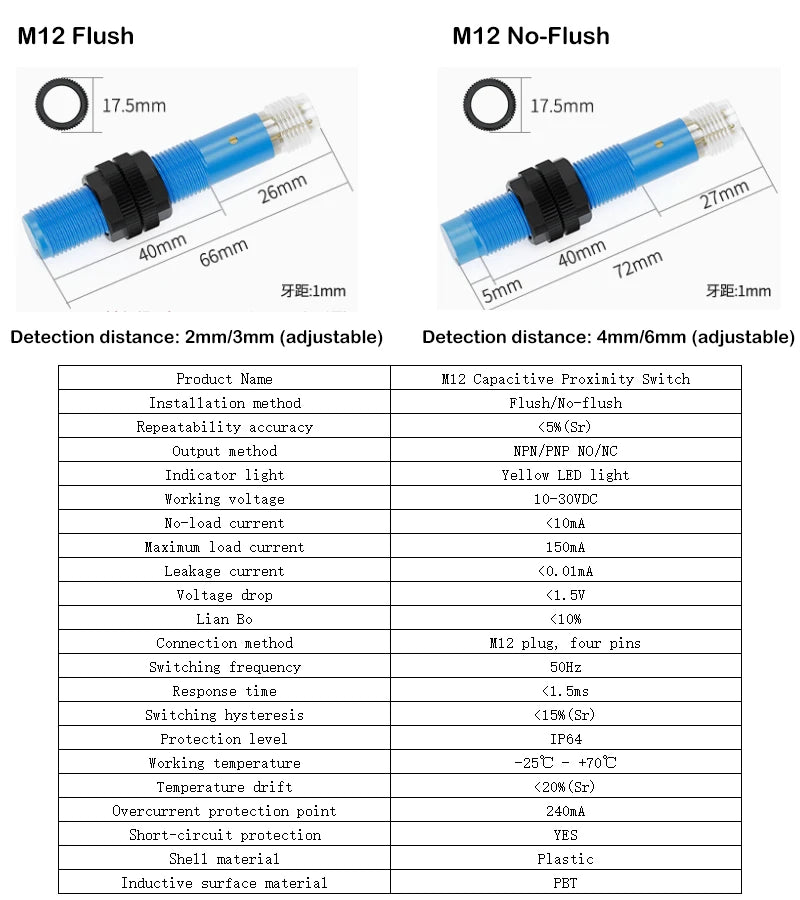 Cylindrical capacitive proximity switch with plug-in connector for detecting material liquid level with non-metallic sensing pla