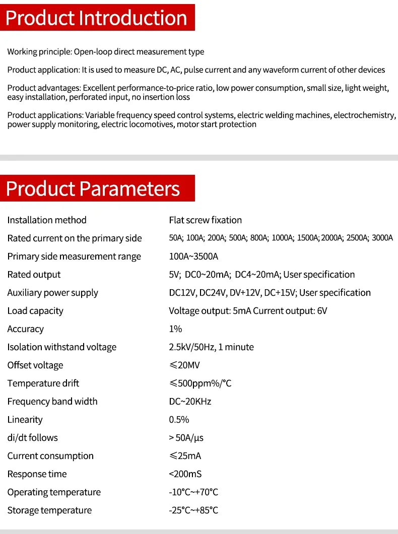 Busbar Current Transducer 4-20mA Copper Bar Current Sensor 0-10V rs485 Isolated Transmitter 0-3000A Copper Bar Sensor