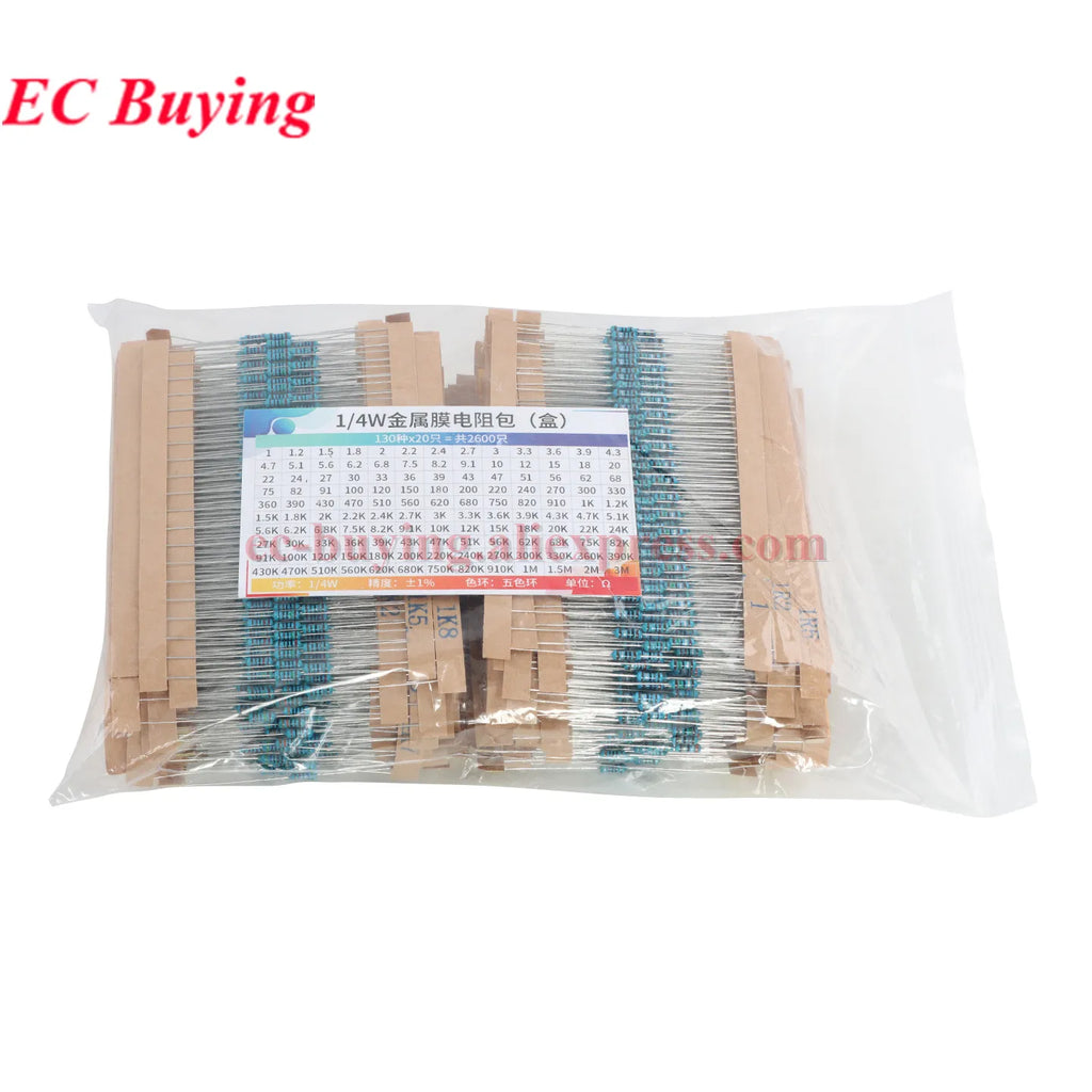 2600Pcs/150pcs 1/4W 1/2W 1W 2W 3W 5W Metal Film Resistor Assortment Kit 1% 0.25W 0.5W Resistance Set Electronic Components Kits