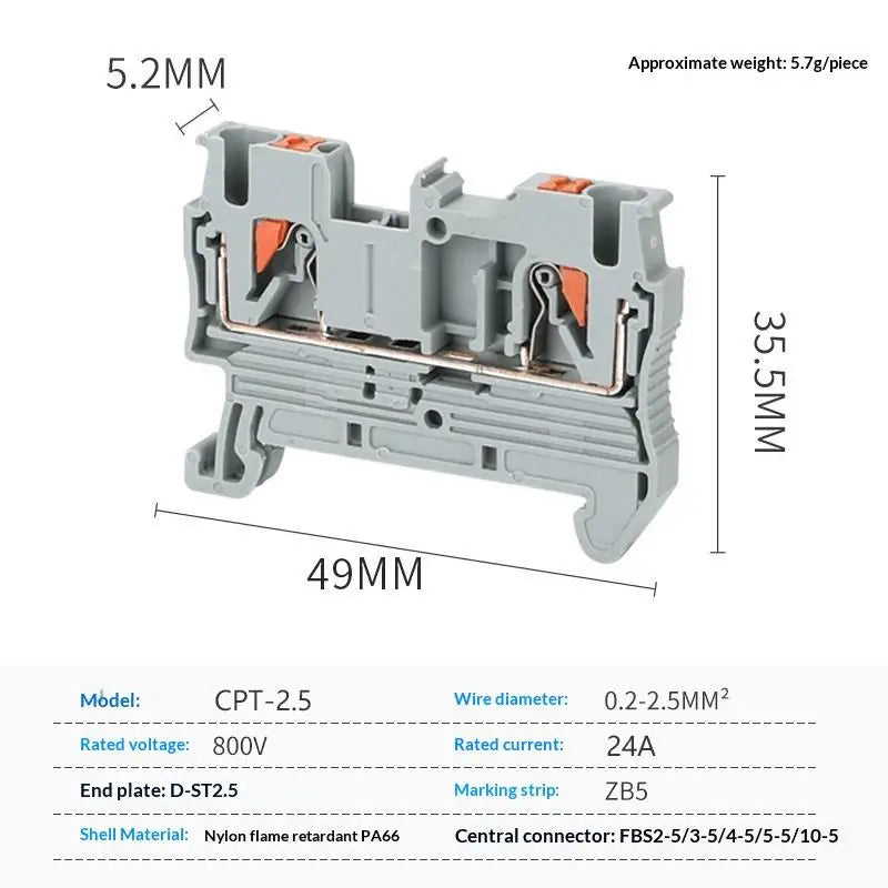 5/10PCS PT2.5 DIN Rail Spring Terminal Block PT2.5-PE Terminal End Cover D-PT2.5 Jumper Bar FBS10-5 Tool-free Wiringee Wiring