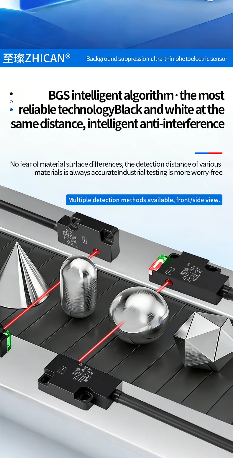 ZHICAN ZC3T Miniature Flat Photoelectric Sensor Front Side View Through Beam Diffuse Reflective
