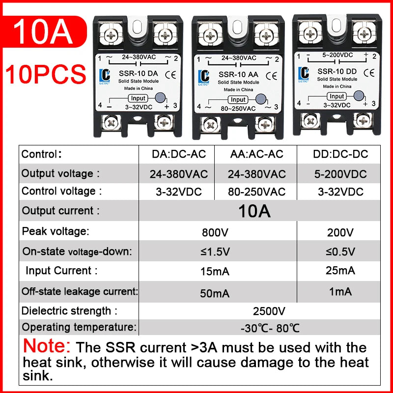 LCTC 10Pcs SSR 10A25A40A50A60a80A100a Solid State Relay DC to AC AC to AC DC to DC Single-phase Relay Zero-crossing Type