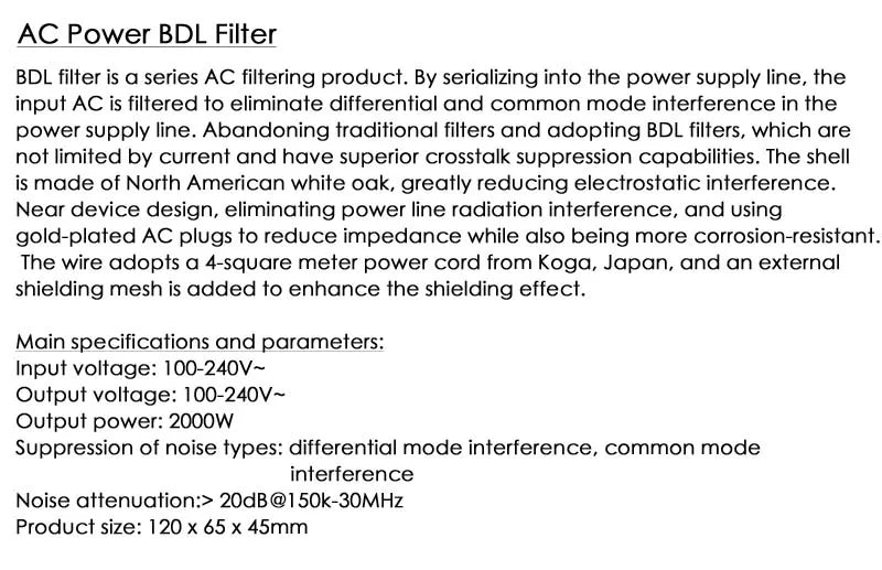 HIFI Audio Power BDL Filter EMI Filter Alternating Current Power Filter Anti-interference Reduce Nioise Municipal Power Firewall