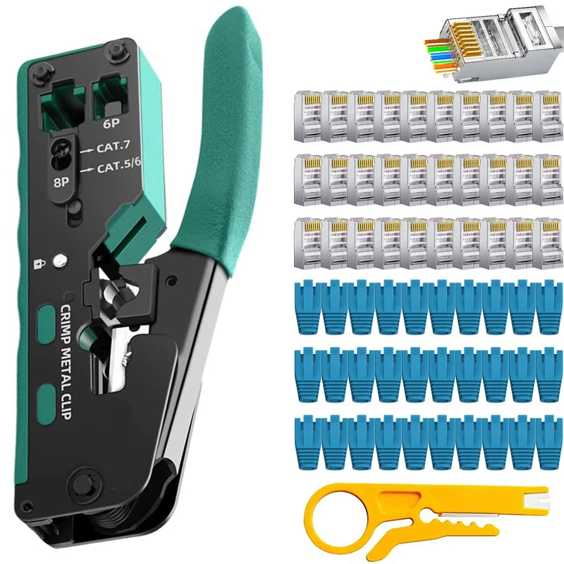 Rj45 Rj12 Rj11 Pass Through Crimp Plier Cat7 Cat6 Cat6A Cat5 Cat5e Stripping Crimping Tool with 8P/6P Ethernet Connectors