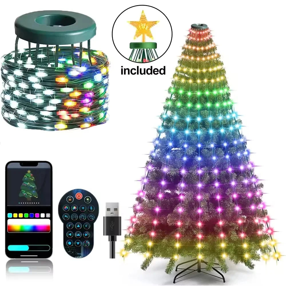 RGB Christmas Tree Waterfall Lights With Star Topper,APP Remote Control LED String Lights Multicolor Fairy Light Indoor Outdoor