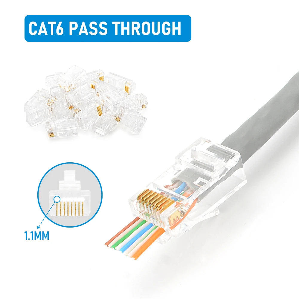 Cat6 CAT6A Pass Through RJ45 Modular Plug Network Connectors UTP Gold-Plated 1.1mm Hole End for Ethernet Cable