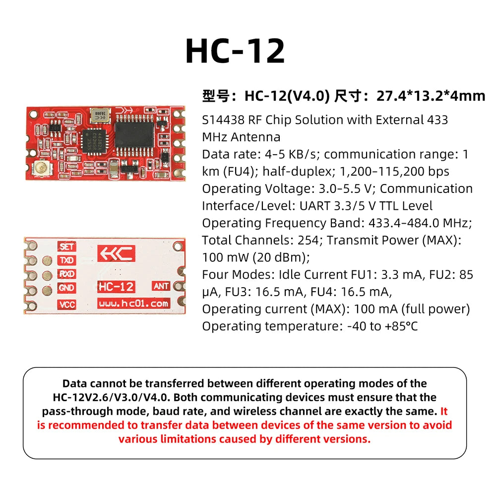 HC-12 V4.0 SI4438 wireless module 1KM long distance 433.4-483.8MH wireless serial port board Built-in MCU UART interface 4-5KB/s