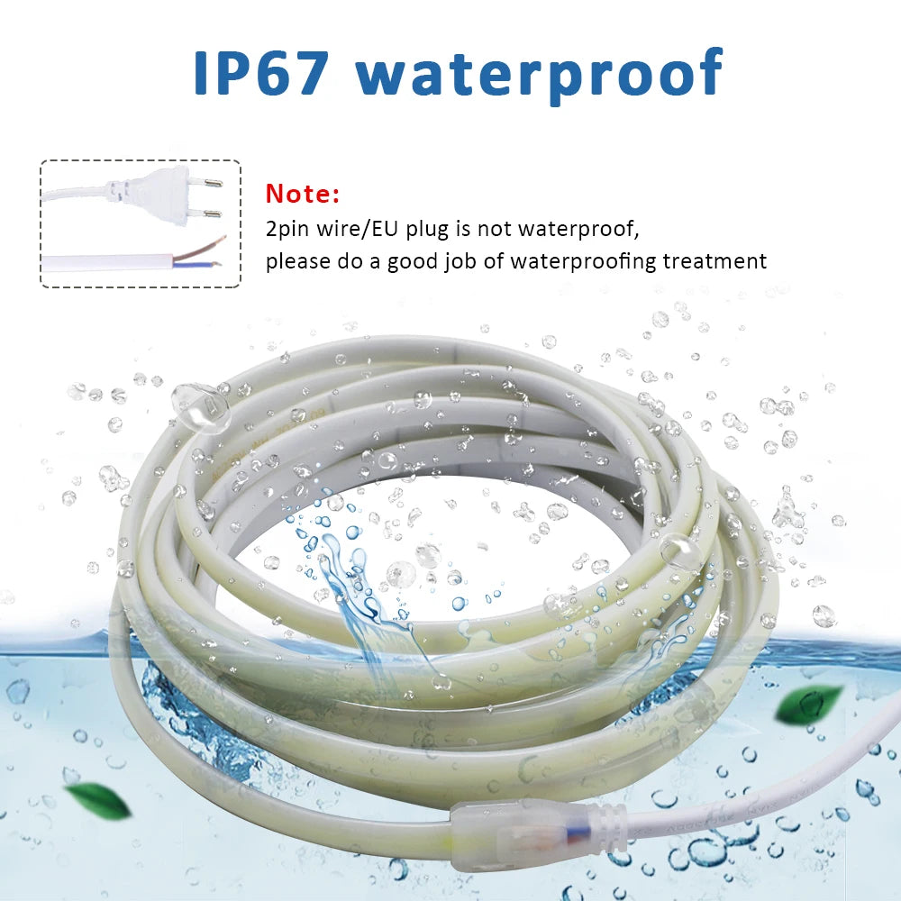 AC220V COB LED Strip Light IP67 Waterproof Flexible Ribbon 2Pin Wire/EU Plug Tape Lamp 3000K/4000K/6000K Outdoor Linear Lighting