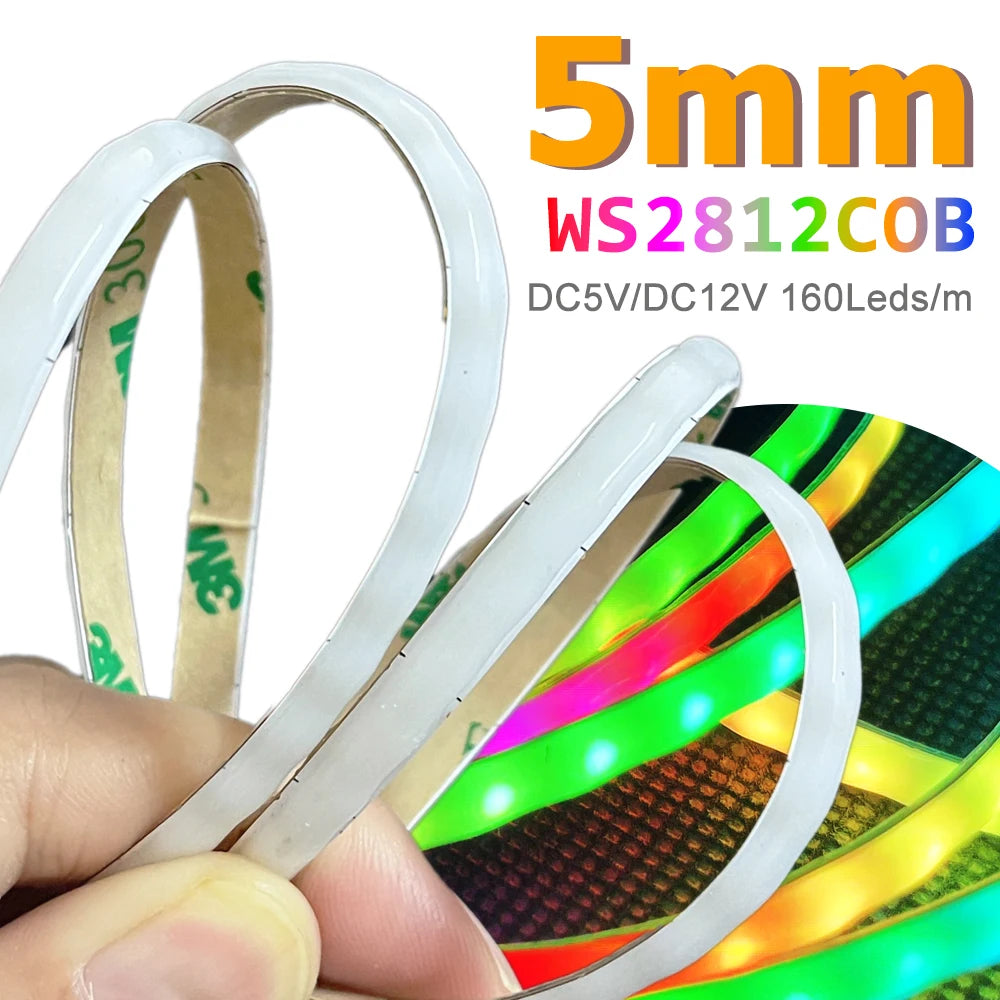 DC5V DC12V 5mm WS2812B COB LED Strip WS2812 Smart RGBIC Individually Addressable 160Leds/m High Density Flexible Pixel Light