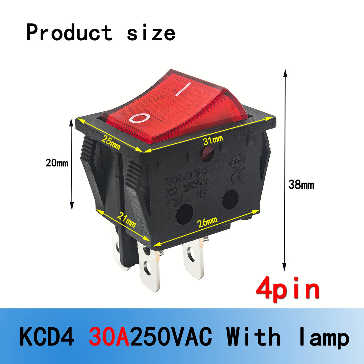 5PCS 30A 250V Heavy Duty KCD4 Rocker Switch ON Off DPST 4 Pin With Red Lighted 220V Toggle Switch