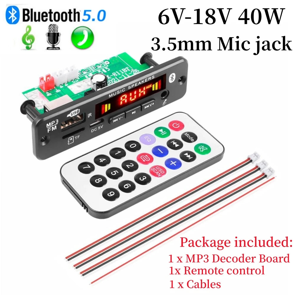 Bluetooth 5.0 MP3 Decoder Board 2*20W 40W Amplifier Audio Player 12V DIY MP3 Player Car FM Radio Module TF USB Mic Record Call