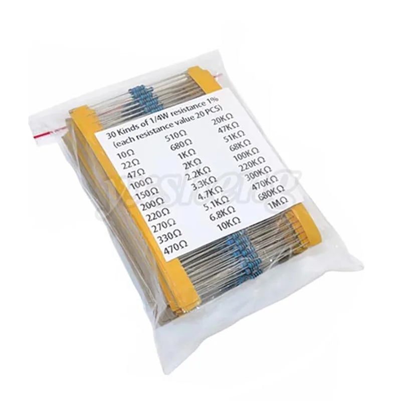 600pcs/set 30 Kinds 1/4W Resistance 1% Metal Film Resistor DSSUPPLY Pack Assorted Kit 1K 10K 100K 220ohm 1M Resistors 300pcs/set