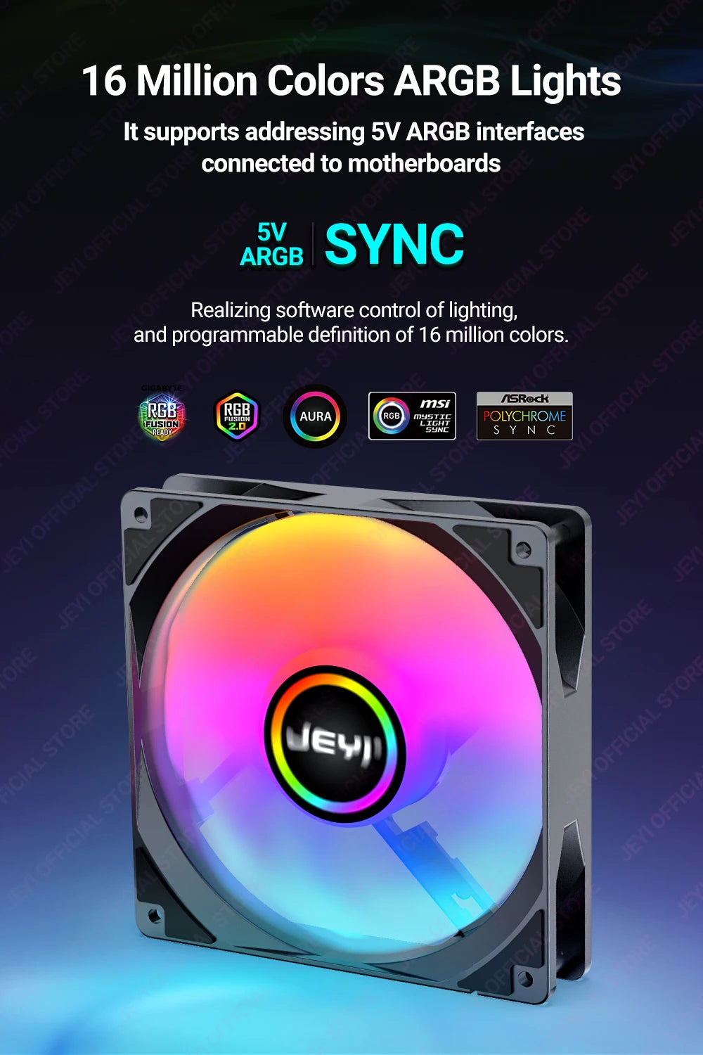 JEYI 120mm PC ARGB Cooling Fan AURA SYNC RGB Computer Fans Ultra Silent Heatsink Ventilador with 4PIN PWM and 5V 3PIN ARGB Port