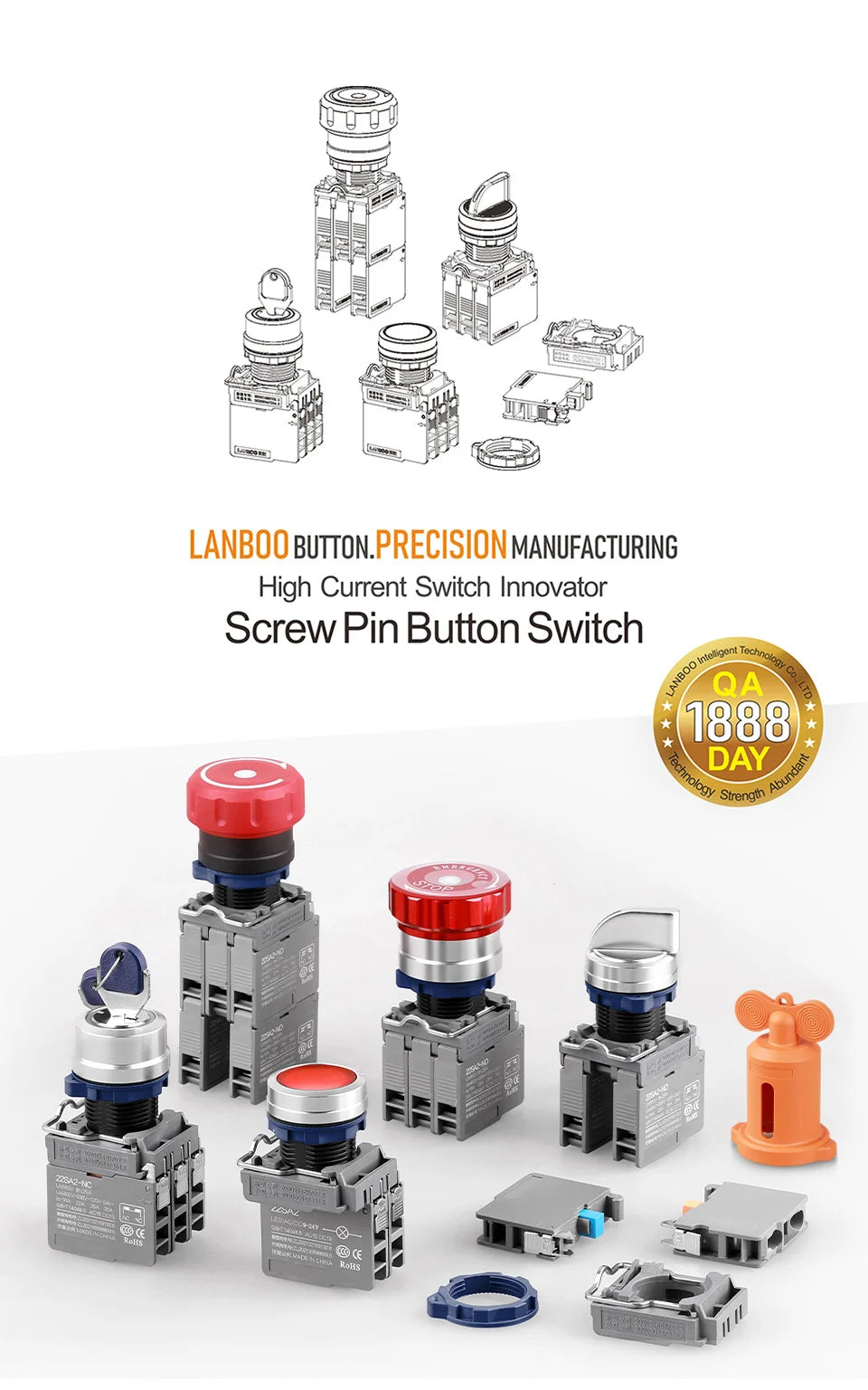 LANBOO 2/3 Gear Key Head Push Button Knob Switch Latching 1NO1NC with Lamp Green Blue 9-24V 110V 220V