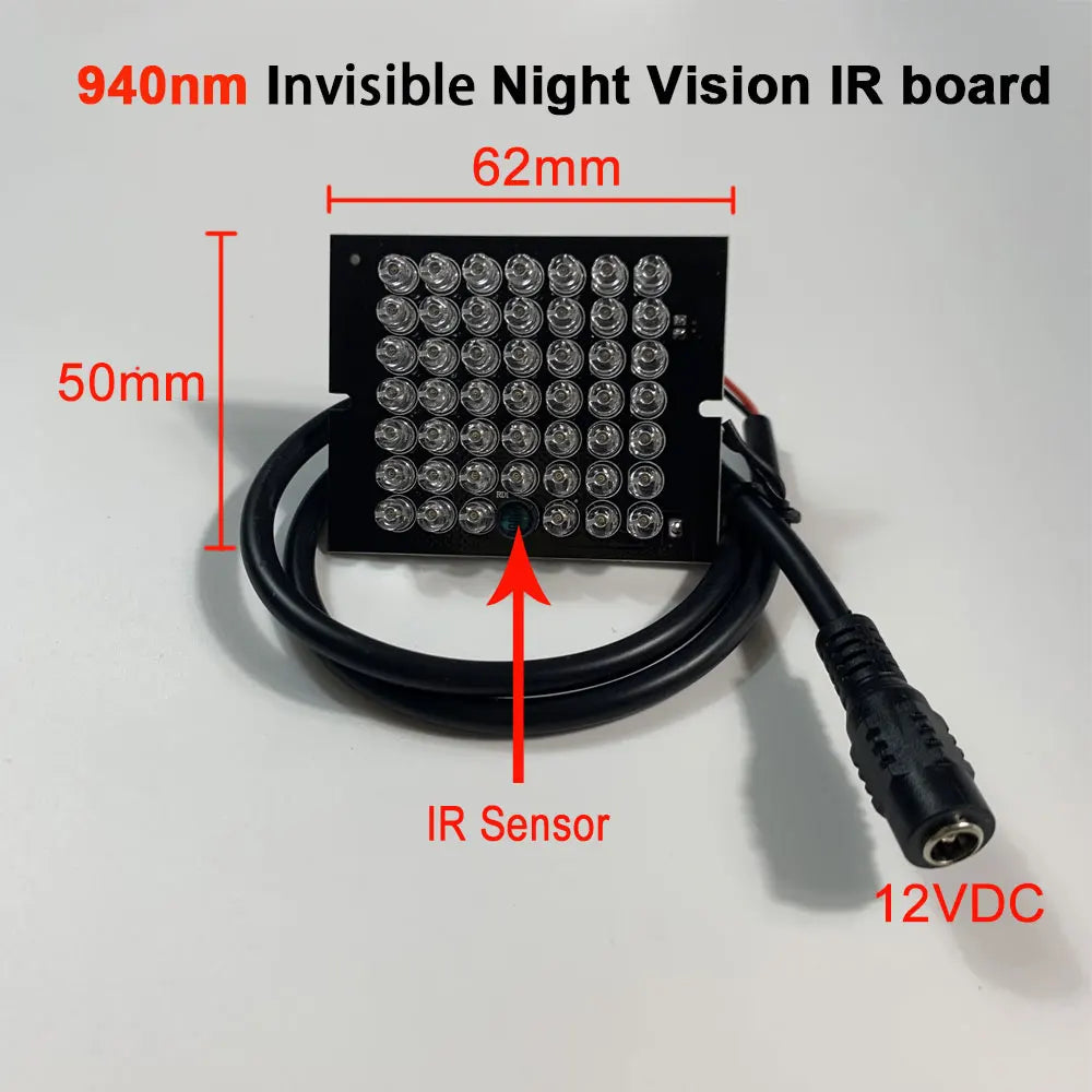 Invisible 940nm 48 LED Array IR Illuminator Lamp Board Light IR Sensor 30ft Range 90deg 12V DC Cable for CCTV Security Camera